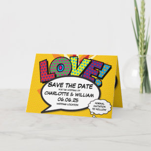 Anúncio LOVE Salve a Data Divertido Retro Quadrinhos Arte