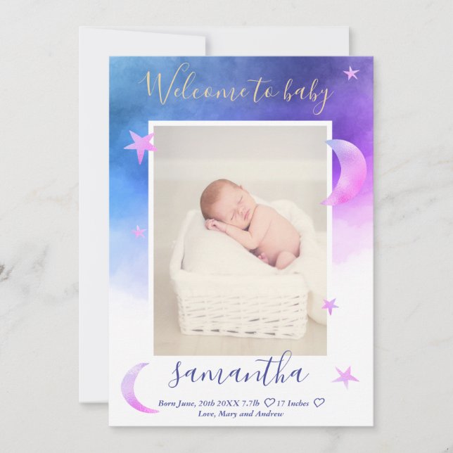 Anúncio Lua dourada estrelas rosa foto de bebê em aquarela (Frente)