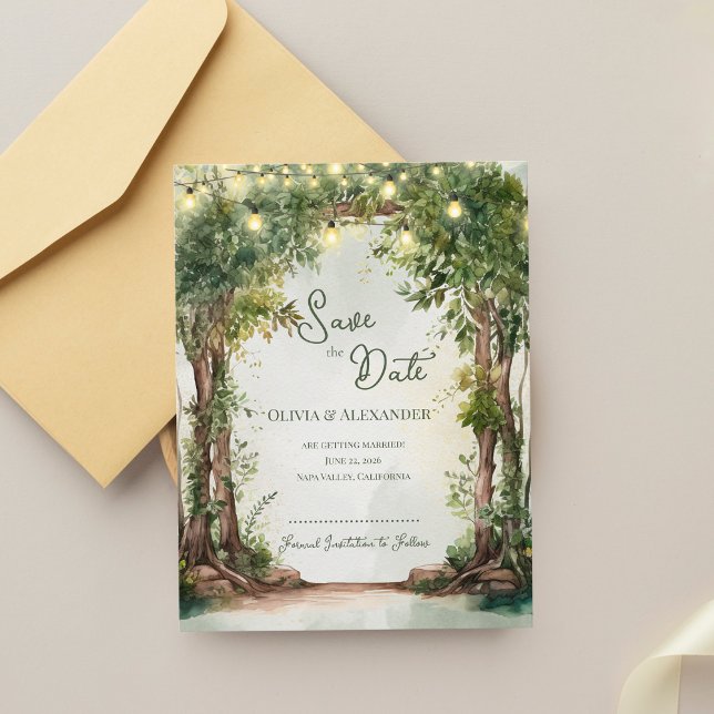 Anúncio Luzes de Corda de Jardim Romântico Salva o Dia (Romantic Garden String Lights Save the Date | Enchanted Outdoor Wedding Announcement)