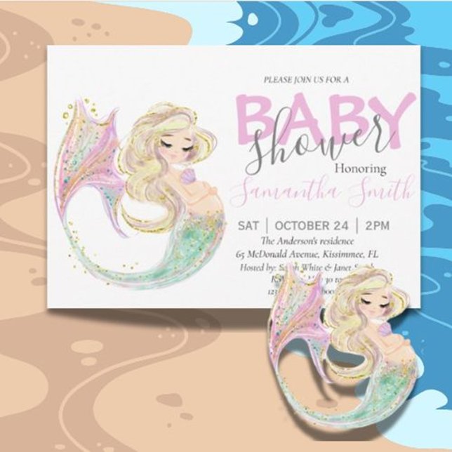 Anúncio Mãe Chá de fraldas Sereia (Celebrate the mom-to-be with a magical mermaid baby shower announcement. )