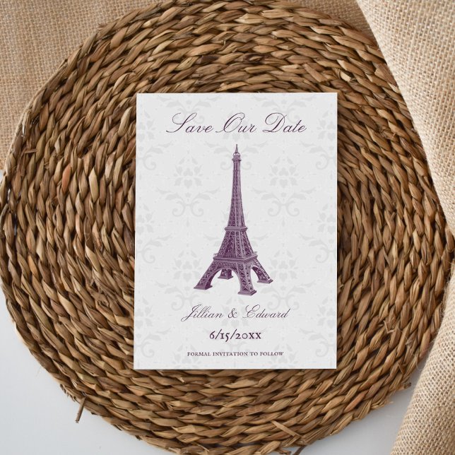 Anúncio Magenta Eiffel Tower Damask Save Date (O Damasco D (Magenta Eiffel Tower Damask Save the Date)