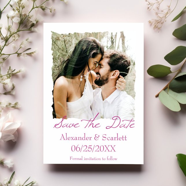 Anúncio Magenta Moldura Dentada Foto Salvar a Data (Magenta Jagged Frame Photo Save the Date)