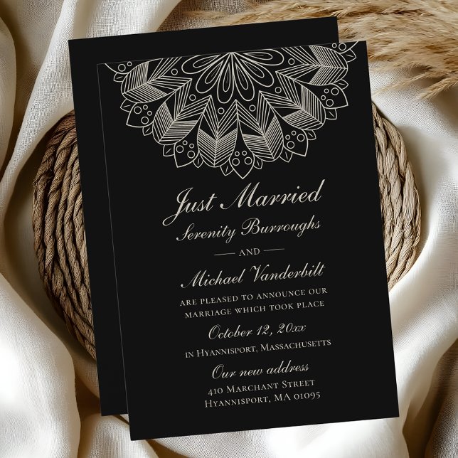 Anúncio Mandala Indian Boho Black Just Married Wedding (Criador carregado)