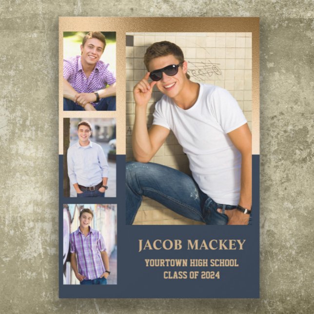 Anúncio Marinho Azul Dourado Classe de Foto do Segundo gra (Navy blue and gold 4-photo graduation announcement)