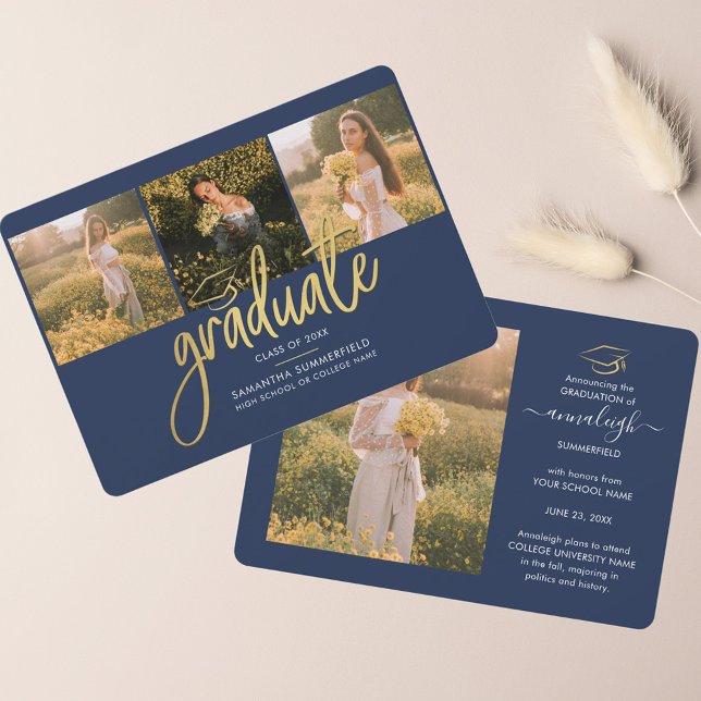 Anúncio Marinho de Colagem de Fotos 2025 Formando Azul (Graduation 2024 Photo Collage Script Grad Announcement)