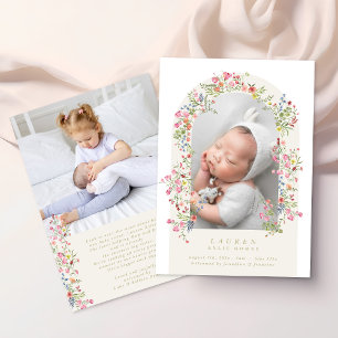 Anúncio menina arco floral foto texto personalizado nascim