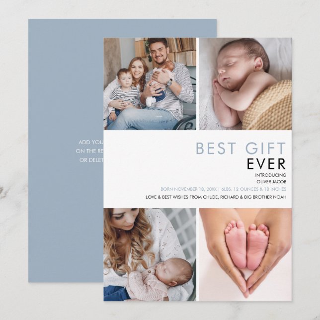 Anúncio Menino Bebê Azul Empoeirado Moderno 4 Fotos Nascim (Frente/Verso)