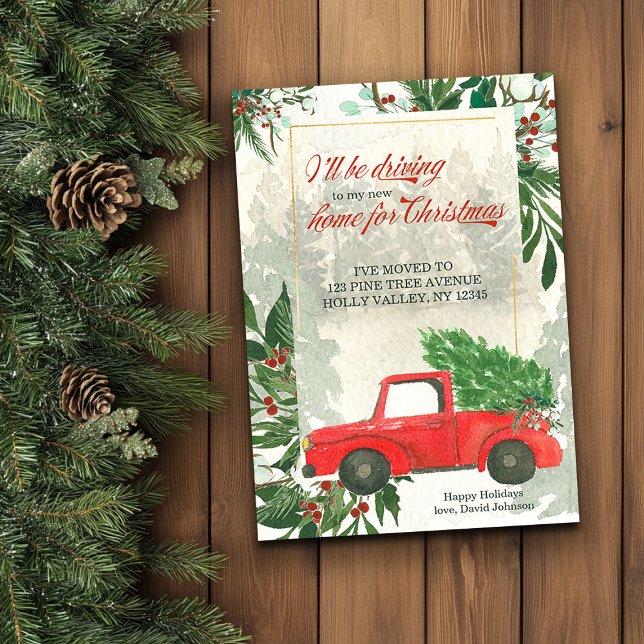 Anúncio Minha nova casa para caminhonete de Natal se moven (Driving Home for Christmas Card from the Holiday Moving Announcements Collection by Darling and May)