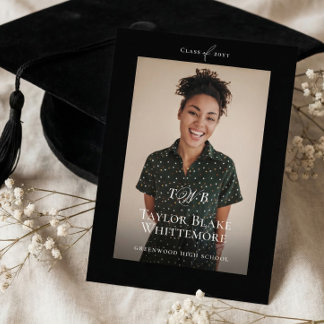 Anúncio Minimal Elegant Monogram Black Graduation Photo