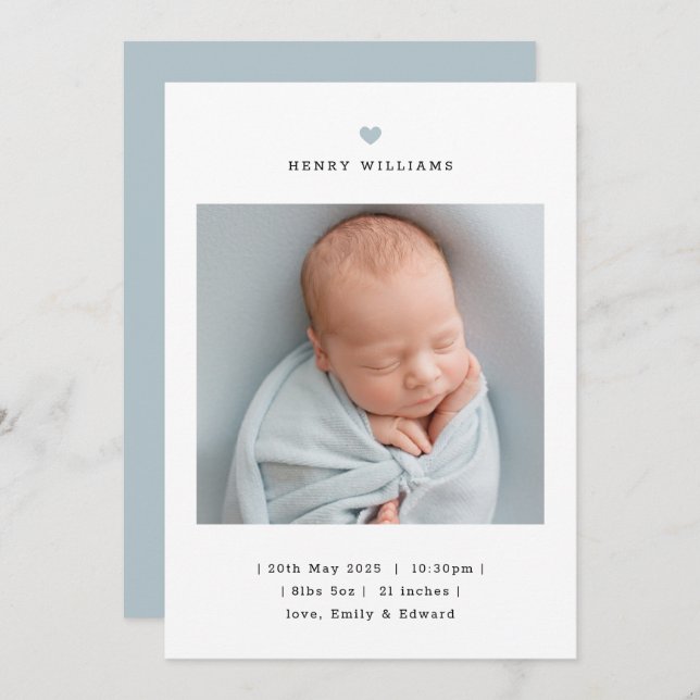 Anúncio Minimalist Blue Heart Boy Birth Announcement (Frente/Verso)