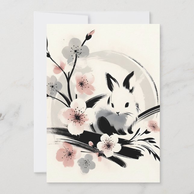 Anúncio Minimalist Zen Ink Bunny Cherry Blossoms (Frente)