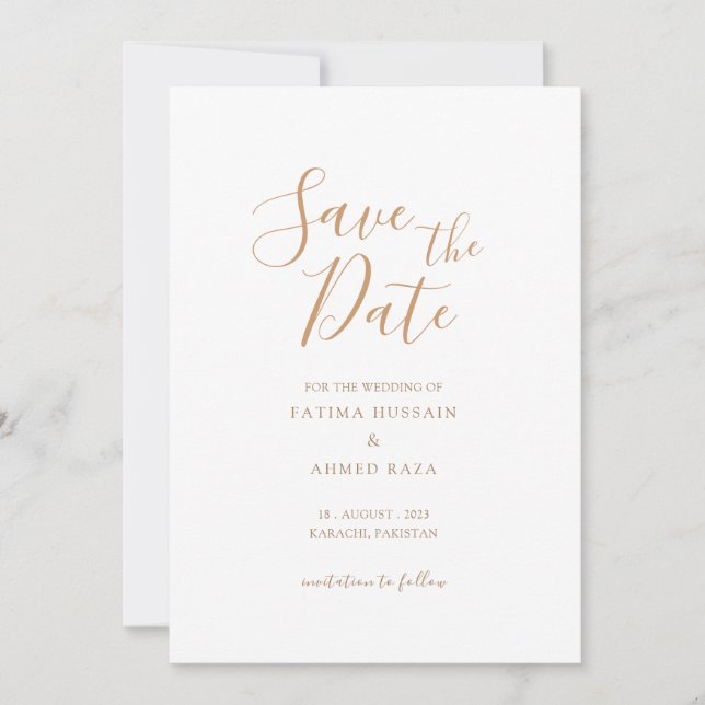 Anúncio Mínimo de Save The Date em Dourado para Mu (Frente)
