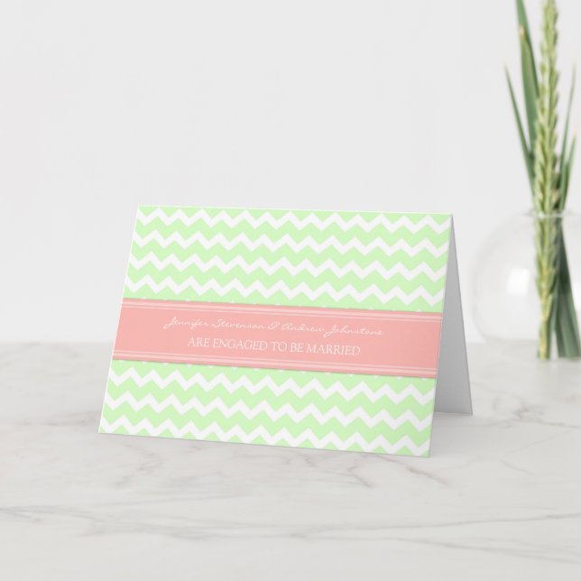 Anúncio Mint Coral Chevrons Engagement Announcement Card (Frente)
