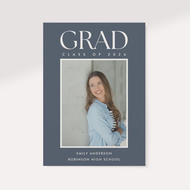 Anúncio Modern Classic Blue Graduation Photo Announcement (Criador carregado)