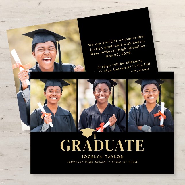 Anúncio Modern Graduate Elegant Black 4 Photo Graduation (Criador carregado)
