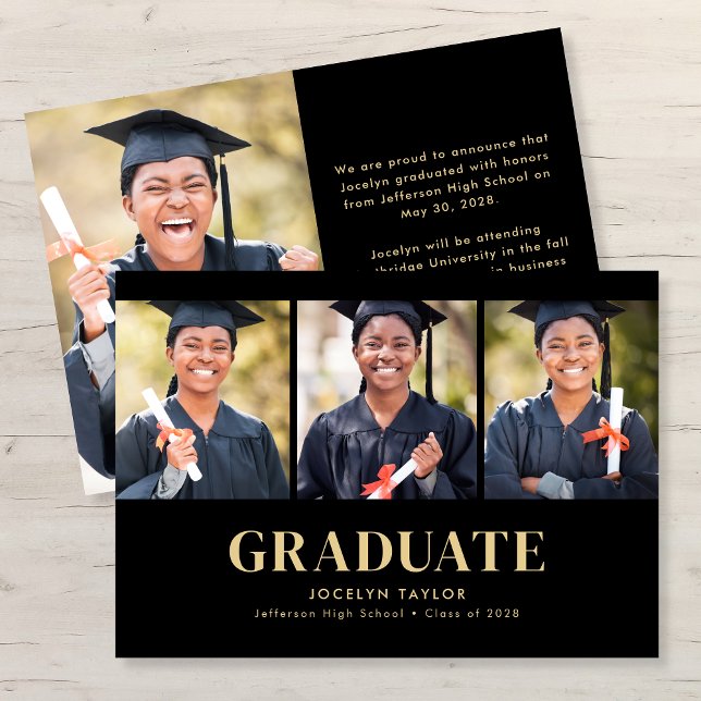 Anúncio Modern Graduate Elegant Black 4 Photo Graduation (Criador carregado)