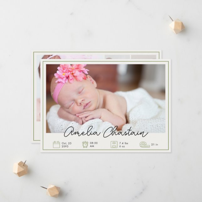 Anúncio Modern Green Newborn Baby Photo Collage Birth  (Frente/Verso In Situ)