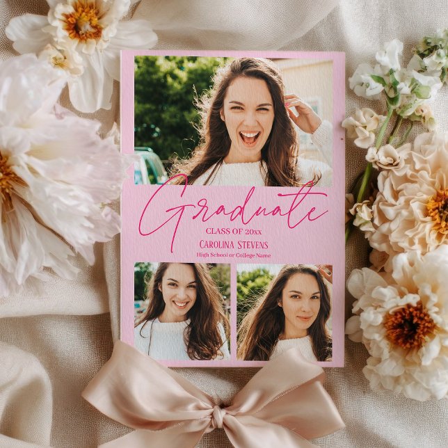 Anúncio Modern hot pink 3 photos collage graduation (Modern hot pink 3 photos collage graduation announcement)