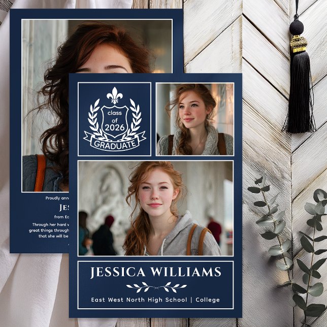 Anúncio Modern Laurels 3 Photo Class of 2026 Graduation  (Modern Laurels | Fleur de Lis Crest Graduate 3 Photo Graduation Announcement -Print | Digital - Blue)