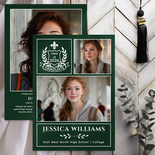 Anúncio Modern Laurels 3 Photo Class of 2026 Graduation  (Modern Laurels Fleur de Lis Crest Graduate 3 Photo Graduation Announcement -Print | Digital - Green)