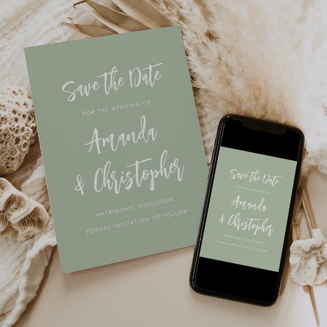 Anúncio Modern Minimalist Script Sage Green Save the Date (Criador carregado)