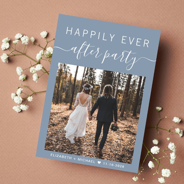 Anúncio Modern Photo Dusty Blue Wedding Reception (An chic Happily Ever After Party Invitation to set the tone for an unforgettable event)