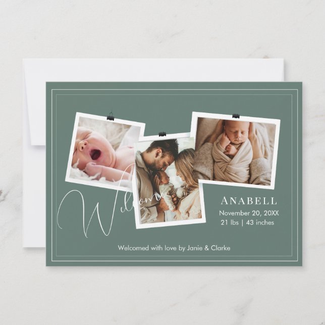 Anúncio Modern Sage Green Zigzag 3 Photo Collage Birth  (Frente)