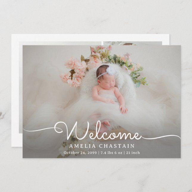 Anúncio Modern Welcome Calligraphy 4 Photo Baby Birth (Frente/Verso)