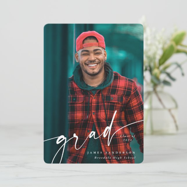 Anúncio Modern White Script Overlay Dois Graduação de Foto (Em pé/Frente)