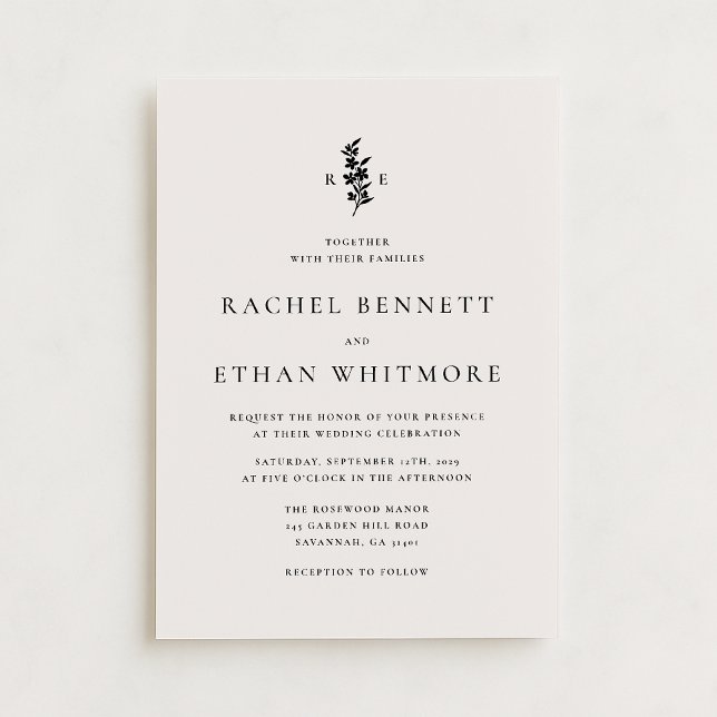Anúncio modernI vory Botanical Monogram Wedding Invitation (Criador carregado)