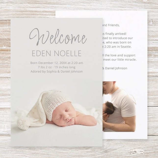 Anúncio Moderno Elegante Cinza Script Recém-Nascido 2 Foto (Modern, elegant, gray script 2 photo newborn birth announcement flat card. Simple baby photo card.)