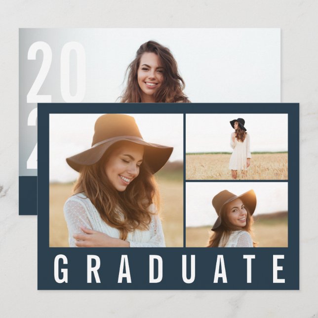Anúncio Moderno simples 3 foto formatura simples azul mari (Frente/Verso)