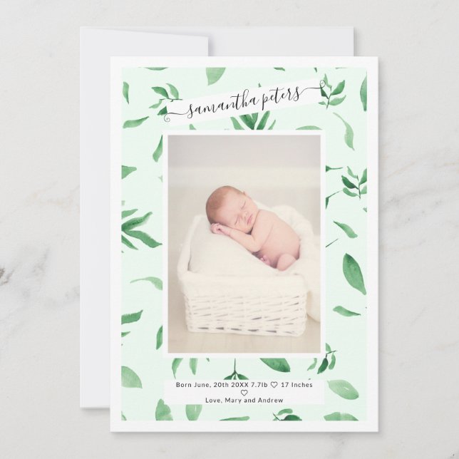 Anúncio Moldura elegante folha aquarela fotografia bebê na (Frente)
