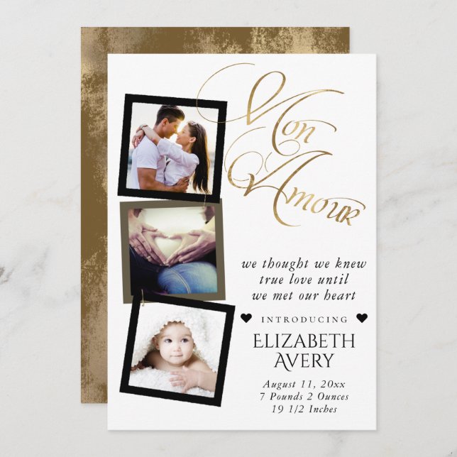 Anúncio Mon Amour | Dourado Grunge Foil Baby Birth 3 Foto (Frente/Verso)