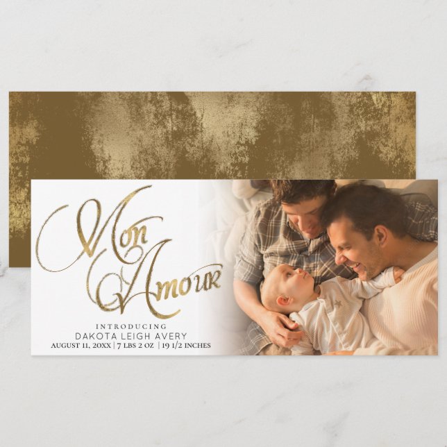 Anúncio Mon Amour | Foto Dourada Grunge Foil New Baby Birt (Frente/Verso)