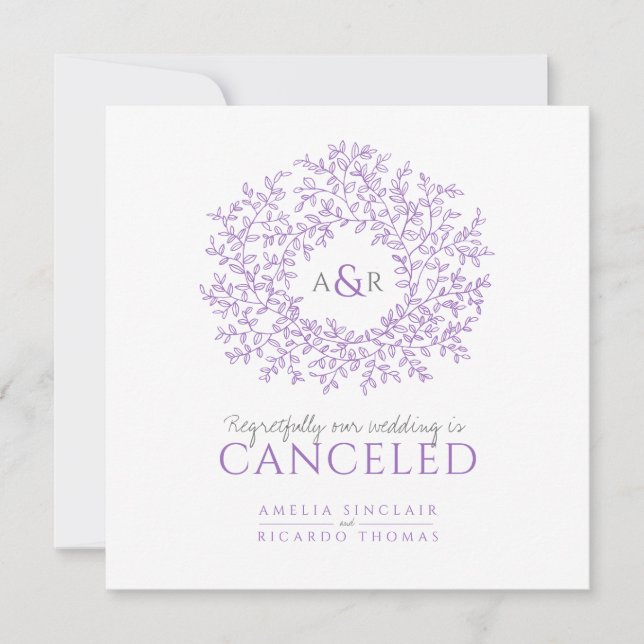 Anúncio Monograma casamento de folhas roxas cancelado (Frente)