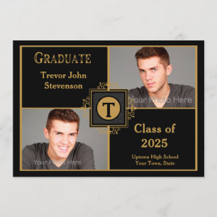 Anúncio Monograma Elegante Dourado Preto, Dois Graduação F