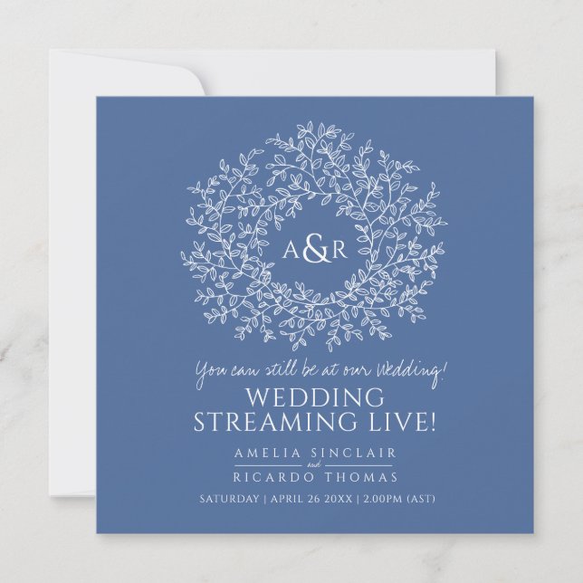 Anúncio Monograma folhas azul clássico casamento transmiss (Frente)