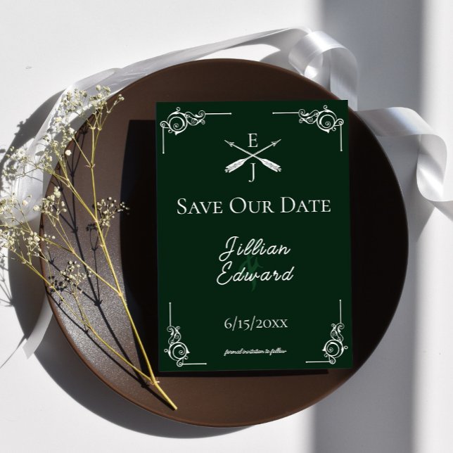 Anúncio Monograma Verde Esmeralda e Setas Salvar a Data (Emerald Green Monogram and Arrows Save the Date)