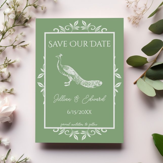 Anúncio Moss Green Peacock Flourish Salva A Data (Moss Green Peacock Flourish Save the Date)