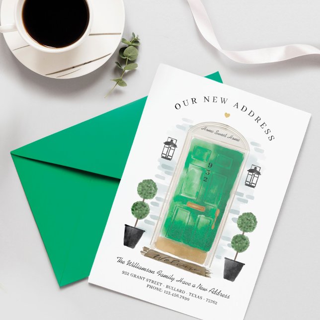 Anúncio Movimentámos - Nova Porta Verde de Água (We've Moved - New Address Green Watercolor Door Announcement)