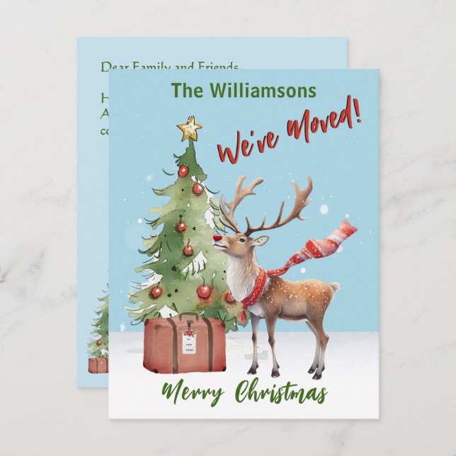 Anúncio Mudamos a Árvore de Natal de Reindeer de Orçamento (Frente/Verso)