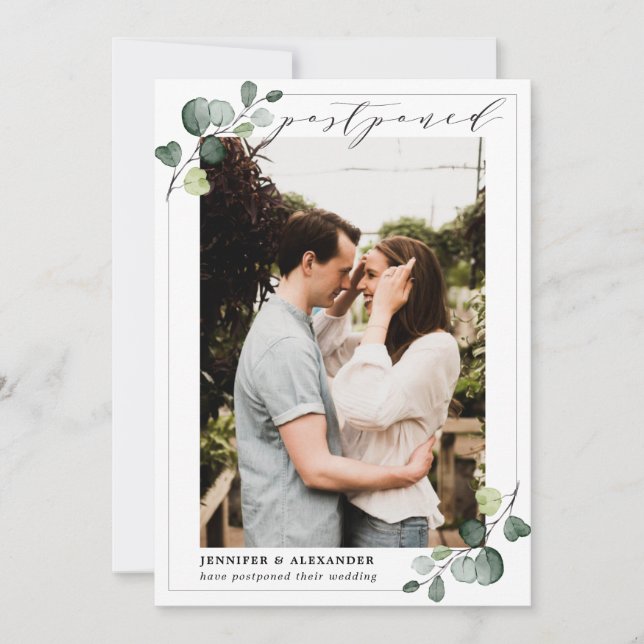 Anúncio Mudança Adiada Data Eucalipto Foto de Casamento (Frente)