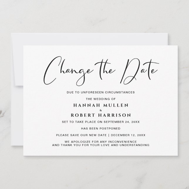 Anúncio Mudança de Data de Casamento Atraso Preto e Branco (Frente)