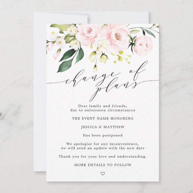 Anúncio Mudança de Planos Adiada Blush Floral Casamento (Frente)