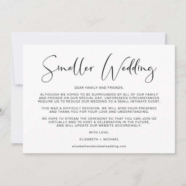 Anúncio Mudança de planos para um casamento menor Elegante (Frente)