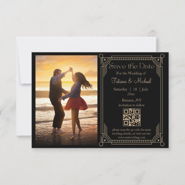 Anúncio mystical black gold qr code photo save the date (Frente)
