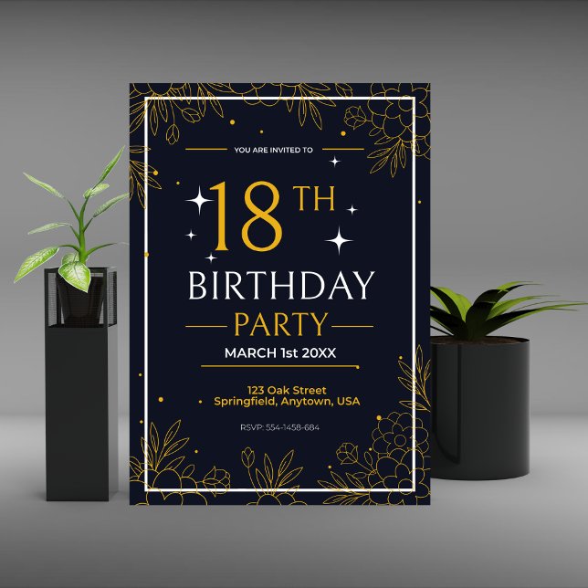 Anúncio Na moda festa de aniversário preto e dourado (Criador carregado)