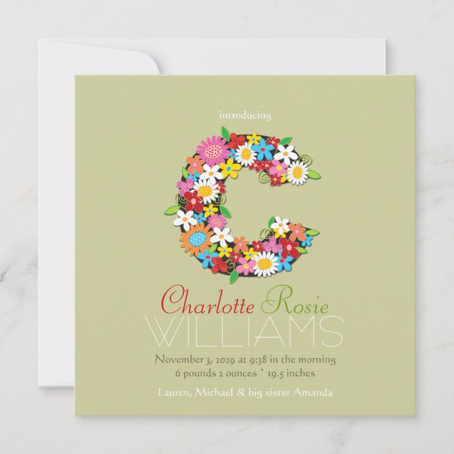 Anúncio Nascimento da Menina do Monograma das Flores da pr (Frente)