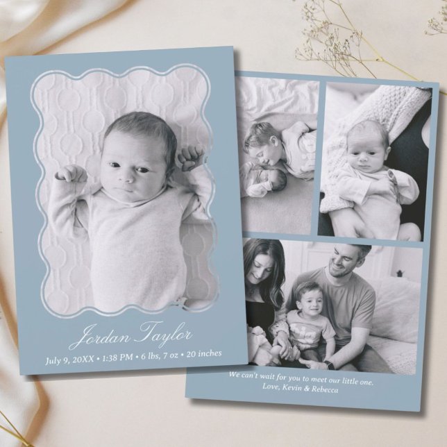 Anúncio Nascimento de recém-nascidos, Azul, Mínimo e Moder (Modern Minimal Dusty Blue Newborn Baby Birth Announcement)